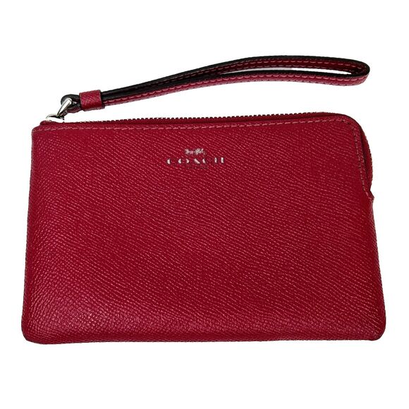 Coach Corner Zip Wristlet Pouch Wallet Crossgrain Leather Red Clutch Travel Easy - Picture 1 of 10